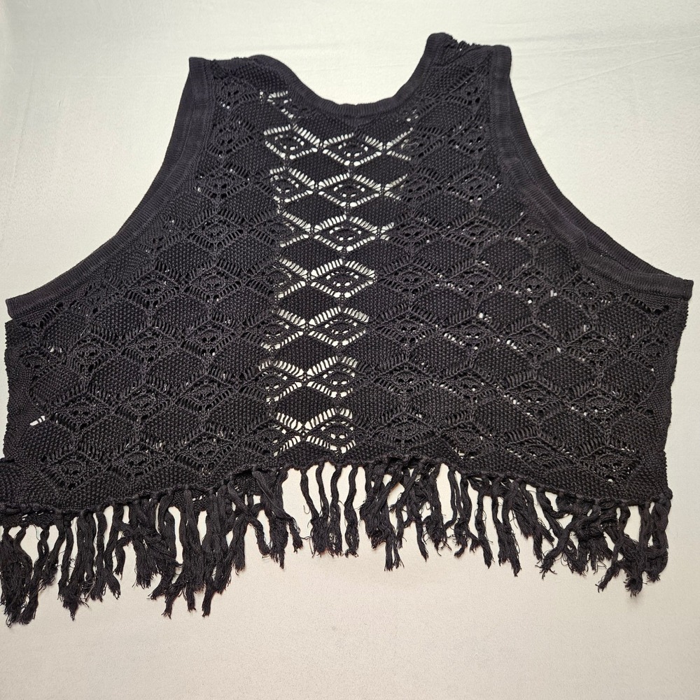 Torrid Crochet Fringe Vest Womens 6 Black Open Knit Boho Cardigan 41745146